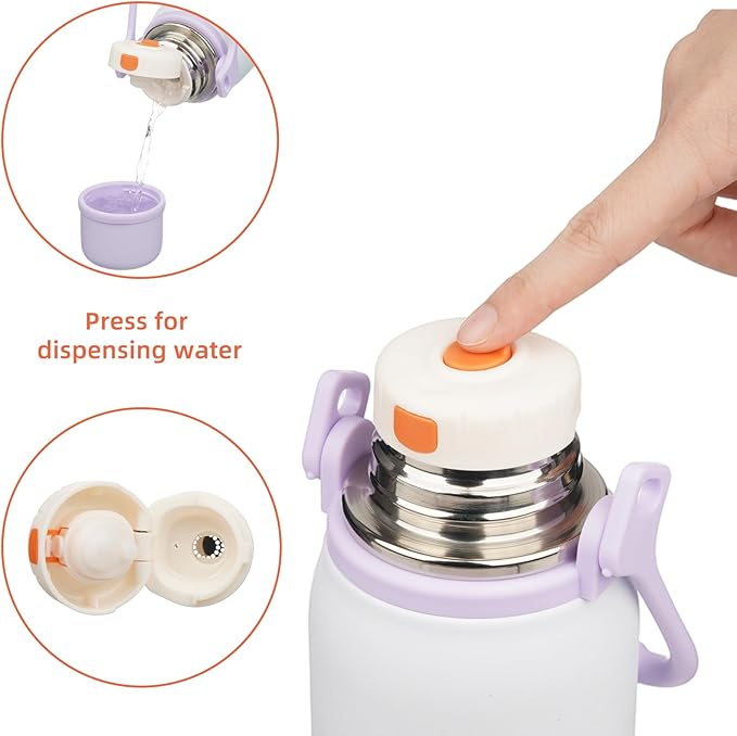 Insulated Water Bottle with Handle and Strap,Vacuum Travel Tumbler with Cup Lid,Thermo Coffee Cup for Hot Cold Drinks 50 OZ,Purple Pearl