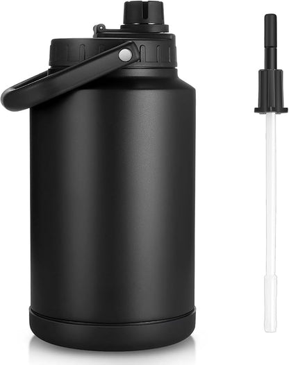 Sursip One Gallon Insulated Water Jug wtih Straw,128 Oz Large Sports Water Bottle Stainless Steel Thermos Hot & Cold Drinks for Travel, Hiking, Camping 1 Gallon Jug (Black)