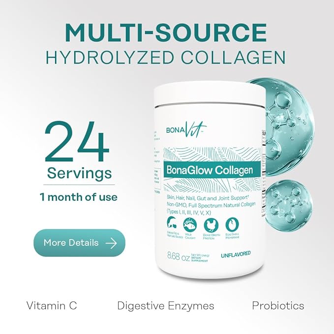 BonaGlow - Hydrolyzed Collagen Types I, II, III, IV, V, X - Premium Blend - 24 Servings - with Vitamin C, Digestive Enzymes - Sugar-Free, Non-GMO, Paleo-Friendly - Skin, Hair, Nails.