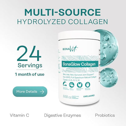 BonaGlow - Hydrolyzed Collagen Types I, II, III, IV, V, X - Premium Blend - 24 Servings - with Vitamin C, Digestive Enzymes - Sugar-Free, Non-GMO, Paleo-Friendly - Skin, Hair, Nails.