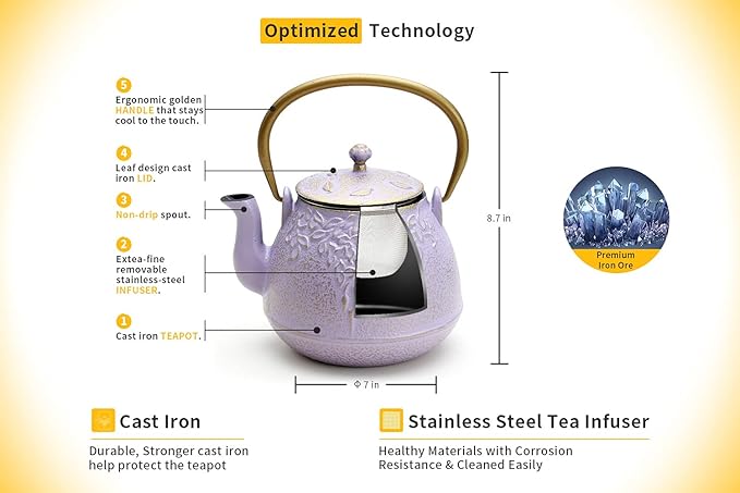 Tea Kettle, TOPTIER Japanese Cast Iron Teapot with Stainless Steel Infuser, Cast Iron Tea Kettle Stovetop Safe, Leaf Design Teapot Coated with Enameled Interior for 40 Ounce (1200 ml), Purple