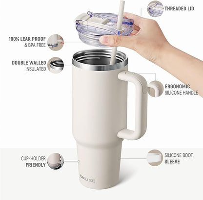40 oz Tumbler with Handle and Straw Lid,Insulated Reusable Stainless Steel Water Bottle Travel Mug，Cupholder Friendly Double Wall Vacuum Sealed Cup (Almond Birch)