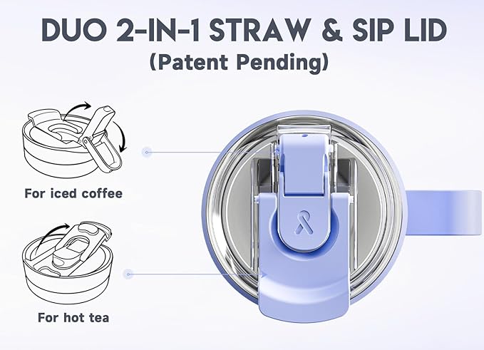 Meoky 40oz Tumbler with Handle, Stainless Steel Travel Mug with 2-in-1 Straw and Sip Lid, Vacuum Insulated Coffee Mug, 100% Leak Proof, Keeps Cold for 34 Hours or Hot for 10 Hours (Lilac)