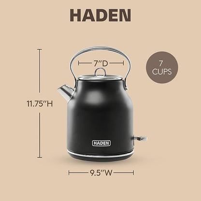 HADEN Heritage 1.7 Liter Stainless Steel Electric Kettle, Hot Water Kettle with 360-Degree Base and Auto Shutoff, Black & Chrome