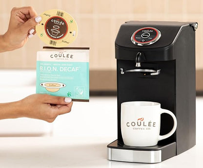 Coulée EcoPour B.I.O.N. Coffee, All Paper Single Serve Pour Over Decaffeinated Coffee, for Camping or Traveling, Pre Filled Compostable Filters, Ready to Brew with Hot Water, Plastic Free, 10 Pack