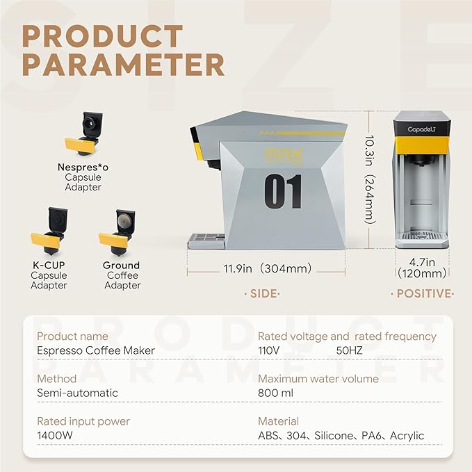 3 in 1 Single Serve Coffee Maker,Fast Brew in 1 minute 19Bar Pump Coffee Machine for K*Cup、NES*press and Ground Coffee,with 27oz Removable Water Reservior,Sliver Espresso Coffee Machine