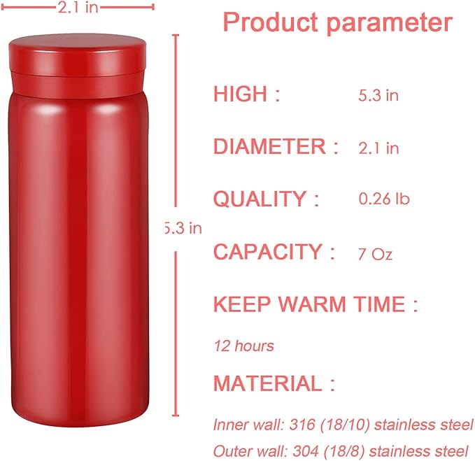 Mini Thermos Cute Water Bottle - 7 oz Tiny Insulated Vacuum 18/10 Stainless Steel Small Flask - Leak Proof & Spill Proof & Keeps Cold and Hot for Drink, Coffee, Tea - Red