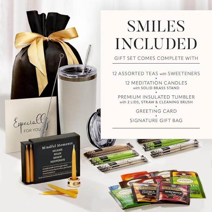 Tea Lovers Gifts Basket - Gift Set Includes Candles, Temperature Retention Cup, 12 Special Blend Teabags & Sweeteners in Gift Bag For Women & Men - Birthday, Get Well, Thinking of You Care Package