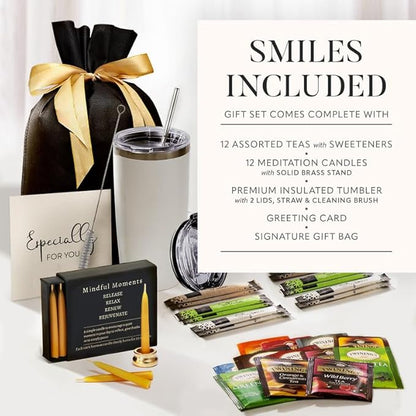 Tea Lovers Gifts Basket - Gift Set Includes Candles, Temperature Retention Cup, 12 Special Blend Teabags & Sweeteners in Gift Bag For Women & Men - Birthday, Get Well, Thinking of You Care Package