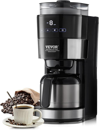 VEVOR Coffee Maker with Grinder, 8 Cup Programmable Coffee Machine, Grind and Brew Coffee Maker with 3 Brew Strength Control, Reusable Filter, Removable Water Tank, for Home Office Restaurant