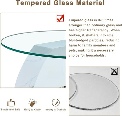 35 Inch Glass Coffee Table，Round Coffee Table with 2-Tier Tempered Glass Tabletop，Easy to Clean Circle Coffee Table with Sturdy Base for Living Room，Office (White & Black Marble Colored Base)