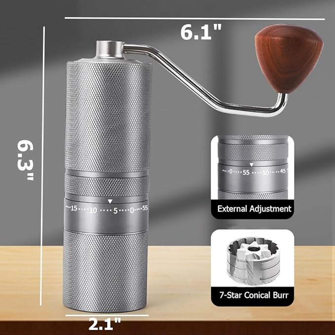 Manual Portable Coffee Grinder with 7 Star Conical Burr, 60 Clicks External Adjustment Full-Metal Coffee Grinder for Coffee Bean Grinder for Espresso, French Press, Travel, Camping, Home & Office Use