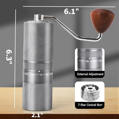Manual Portable Coffee Grinder with 7 Star Conical Burr, 60 Clicks External Adjustment Full-Metal Coffee Grinder for Coffee Bean Grinder for Espresso, French Press, Travel, Camping, Home & Office Use