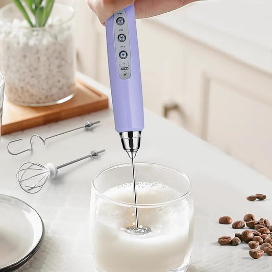 Milk Frother Handheld Rechargeable - Electric Whisk 3 Speed Adjustable, Coffee Frother Wand with 3 Stainless Whisks, Electric Foam Maker, Drink Mixer Blender for Latte Cappuccino Matcha Egg