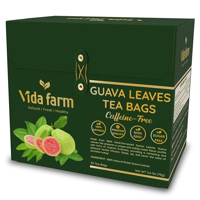 VIDA FARM 50 Premium Guava Leaf Tea Bags, Zero Sugar Tea, Handpicked, 100% Pure and Natural Guava Leaves, Non-GMO, No Caffeine, Gluten-Free, Vegan