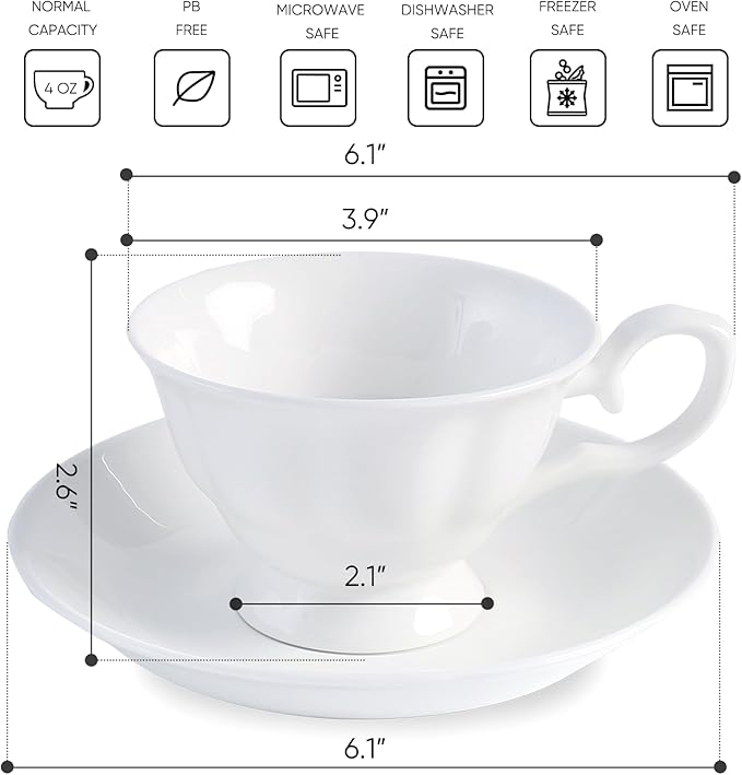 Fine Bone China Coffee Cups with Saucers, Set of 4 Vintage British Royal Style Ceramic Tea Cups, 4 Oz Small Tea Cup and Saucer Set for Afternoon Tea or Gift