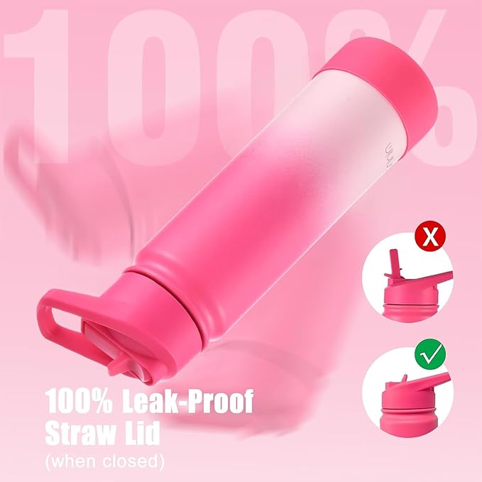 mininoo Insulated Stainless Steel Water Bottle with Straw and Lid for Sports, 24 oz, Sweet Peach