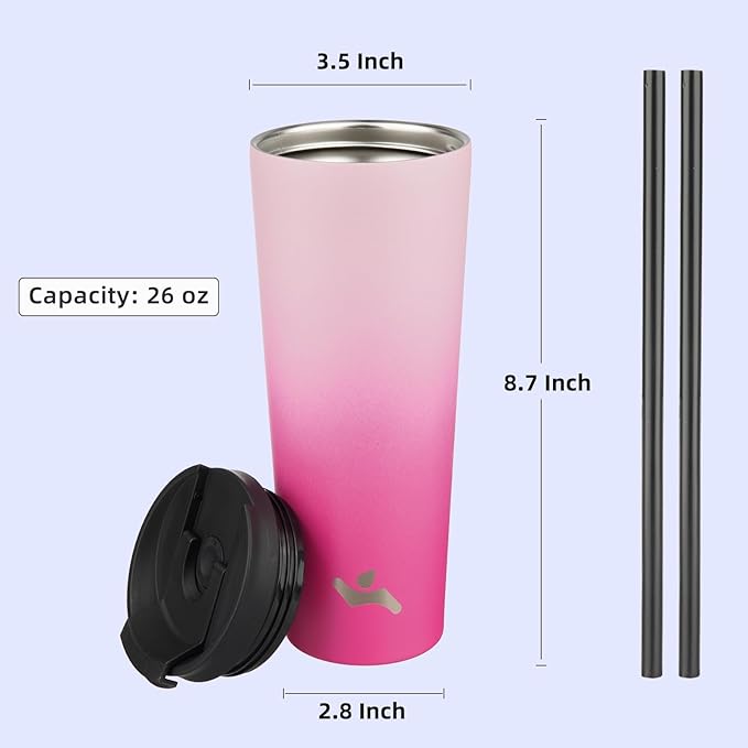 26 OZ Insulated Tumbler with Lid and 2 Straws Stainless Steel Water Bottle Vacuum Travel Mug Coffee Cup,Cherry