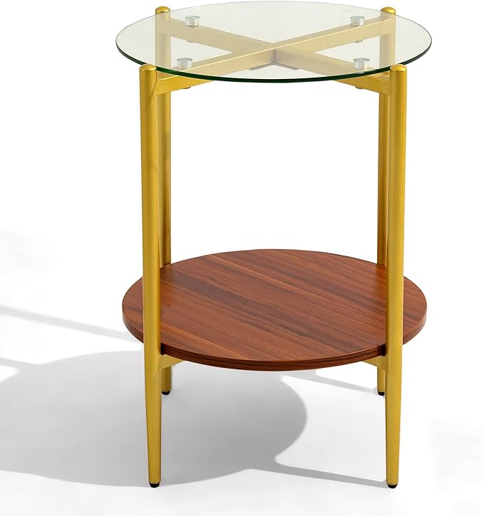 Small Round Glass Coffee Tables for Living Room, Mid Century Side Table with Clear Glass Top, Solid Brown Storage Shelf and Sturable Gold Legs for Small Space, Office, Department