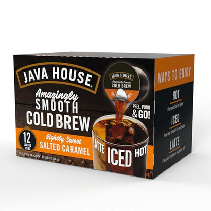 JAVA HOUSE Salted Caramel Lightly Sweet Cold Brew Coffee Pods, (48 Count) Peel and Pour Pods Hot or Iced