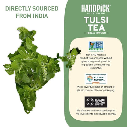HANDPICK Original Tulsi Tea (100 count) Holy Basil Calming and Stress Relief Tea, Immune Support | Non-GMO, Caffeine-Free Herbal Tea | Ecofriendly Round Tea Bags