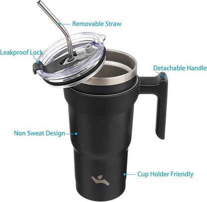 20 oz Tumbler with Handle and 2 Straw 2 Lid, Insulated Water Bottle Stainless Steel Vacuum Cup Reusable Travel Mug,Black