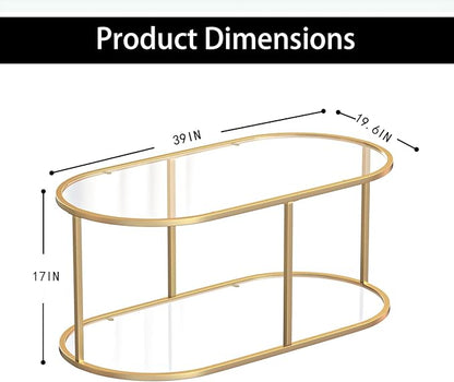 Coffee Table Gold Glass Coffee Table for Living Room,2 Tiers Oval Center Table with Sturdy Metal Frame,Modern Tempered Glass Accent Table for Bedroom Home Office