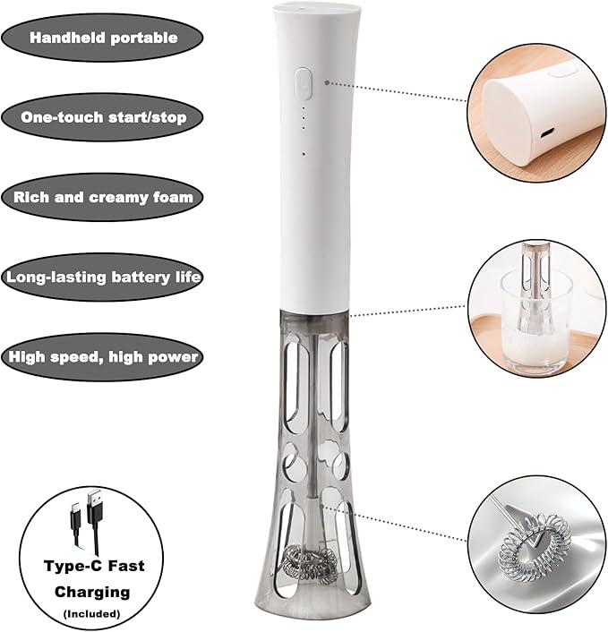 Splash-Proof Handheld Milk Frother with Cover - Rechargeable Milk Frother Wand, Type-C Fast Charging, 15-Second Silent Whisk for Coffee, Matcha, Lattes, Cappuccino