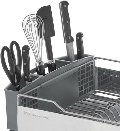 KitchenAid Large Capacity Full Size Rust Resistant Dish Rack with Angled Drain Board and Removable Flatware Caddy, Light Grey