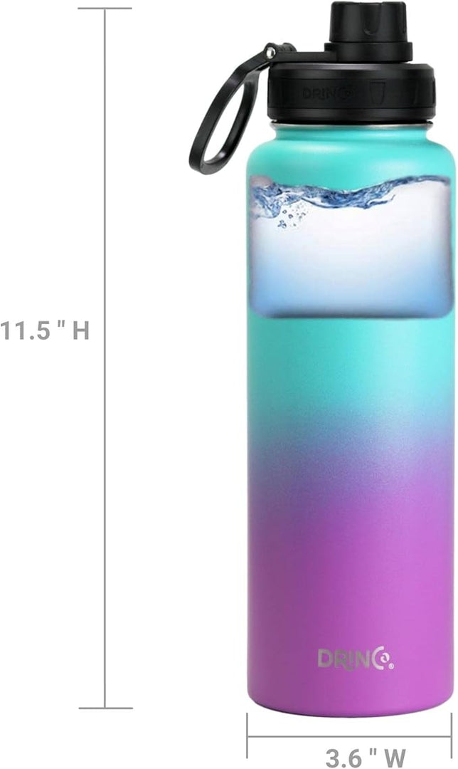 DRINCO Stainless Steel Water Bottle Spout Lid Vacuum Insulated Double Wall Water Bottle Wide Mouth (40oz 32oz 22oz 18oz 14oz) Leak Proof Keep Cold Sport Camping Hiking (40 oz, 40oz Ombre Fuchsia Teal)