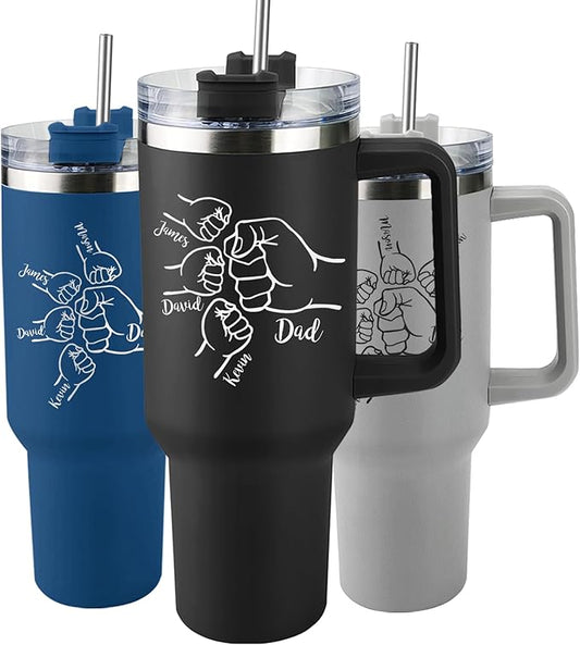 Custom Dad Tumbler with Kids Names, Personalized 40 Oz Tumbler with Handle and Straw, Personalized Birthday Gifts for Dad Husband
