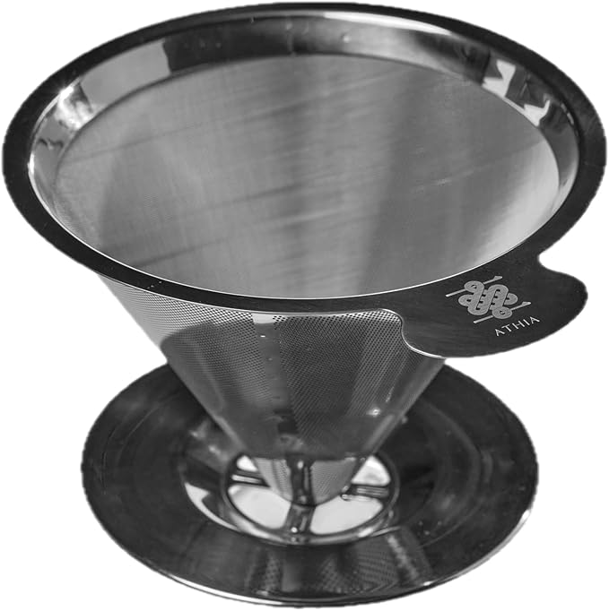 ATHIA Silver Stainless Steel Reusable Coffee Filter, Pour Over Cone Dripper with Fine Mesh, Paperless & Eco-Friendly Design, Fits Most Mugs, Carafes & Coffee Makers (Silver, Standard)