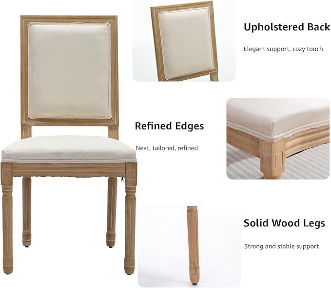French Country Dining Chairs Set of 2, Beige Square Back Dining Chairs with Linen Upholstered Seat, Solid Wood Legs, Farmhouse Kitchen & Dining Room Chairs, Sillas De Comedor (Beige, 2Pcs)