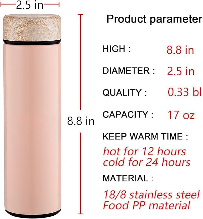 15oz Water Bottle Stainless Steel Thermos Flask - Insulated Vacuum, Leak Proof, Keeps Drinks Hot/Cold - Ideal for Coffee, Tea, Water - Pink