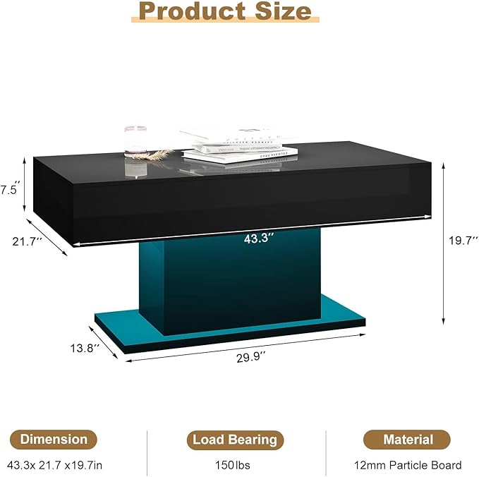 Led Coffee Table for Living Room, Living Room Table Rectangular Center Table, Modern High Glossy Wooden Coffee Tables with 16 Colors LED Lights for Dining Reception Room, Black