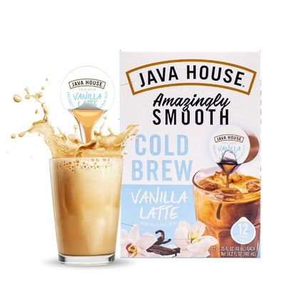 JAVA HOUSE French Vanilla Latte Cold Brew Coffee Pods, (48 Count) Peel and Pour Pods Hot or Iced