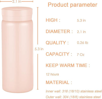 Mini Thermos Cute Water Bottle - 7 oz Tiny Insulated Vacuum 18/10 Stainless Steel Small Flask - Leak Proof & Spill Proof & Keeps Cold and Hot for Drink, Coffee, Tea - Pink