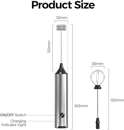 YARRAMATE Rechargeable Milk Frother Wand Handheld, 3 Speed Adjustable Electric Drink Mixer with 2 Whisks, Stainless Steel Stirrer for Coffee, Lattes, Protein Shakes, Matcha, Egg