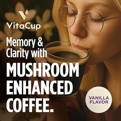 VitaCup Focus Mushroom Coffee Grounds, Vanilla Flavored Coffee with Lions Mane, Chaga, B Vitamins, D3, Boost Focus, Immunity, Memory & Clarity, Medium Dark Roast, 100% Arabica Specialty, 10oz