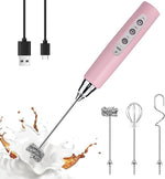 Load image into Gallery viewer, YUSWKO Pink Milk Frother Handheld with 3 Heads, Coffee Whisk Drink Foam Mixer with USB Rechargeable 3 Speeds, Electric Hand Frother for Latte, Cappuccino, Hot Chocolate, Egg