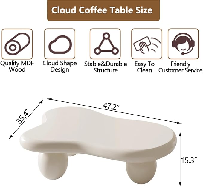 Cloud Coffee Table Modern Cute Coffee Tables Irregular Simple Tea/Center Table for Small Space End Table for Living Room, Home Office, Indoor (White A Cloud 47" Wx35.4 Dx15.3 H)