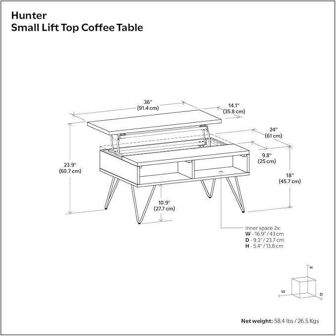 SIMPLIHOME Hunter Small Lift Top Coffee Table - 36 inch Wide Solid Oak Veneer and Metal Industrial Cocktail Table in Oak, Living Room Table with Hidden Storage, 2 Cubbies, and Hairpin Legs