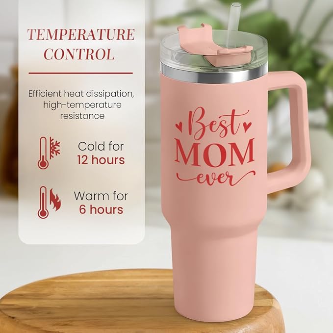 SANDJEST Mom Gifts Best Mom Ever Tumbler Stainless Steel 40oz with Handle Insulated Travel Cup - Mom Travel Coffee Mug, Mother's Day Christmas Birthday Gifts from Son Daughter