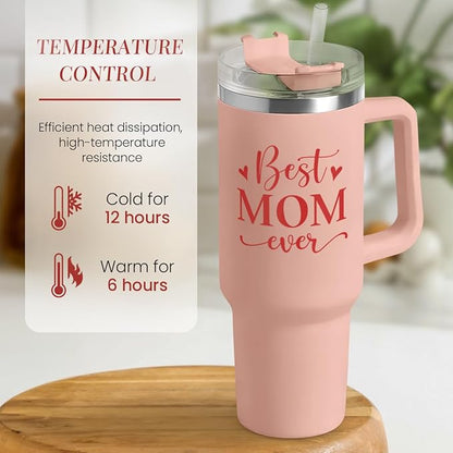 SANDJEST Mom Gifts Best Mom Ever Tumbler Stainless Steel 40oz with Handle Insulated Travel Cup - Mom Travel Coffee Mug, Mother's Day Christmas Birthday Gifts from Son Daughter