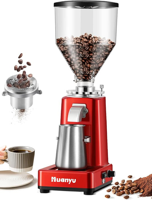 Huanyu Burr Coffee Grinder- Stainless Steel Flat Burr, 19 Precise Grind Settings, 35oz Capacity and Dual Dosing for Espresso, Hand Punch, French Press Red