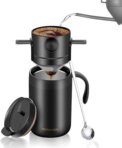 16oz Camping Coffee Maker Pour over Coffee Maker Set, Outdoor Portable Hand Drip Coffee Cup, Home Coffee Brewing and Filtering System, Double-Layer Vacuum 304 Stainless Steel (Black)