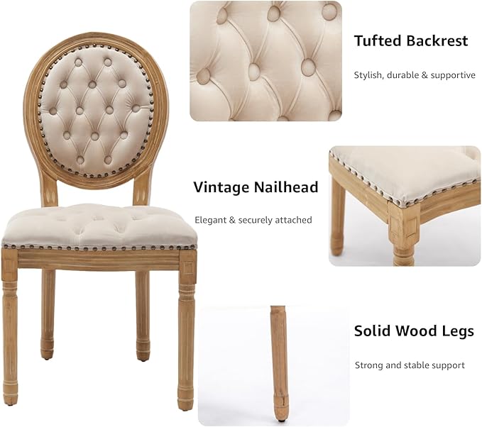 French Country Dining Chairs Set of 4, Beige Velvet Upholstered Dining Chairs, Tufted Back, Solid Wood Legs, Farmhouse Kitchen & Dining Room Chairs, Sillas De Comedor (Beige, 4Pcs)