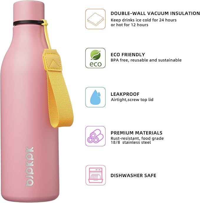 BJPKPK Insulated Water Bottles, 25 oz Stainless Steel Metal Water Bottle with Strap, BPA Free Leak Proof Jugs, Mugs, Flasks, Reusable Thermal Flasks for Sports & Travel, Light Pink