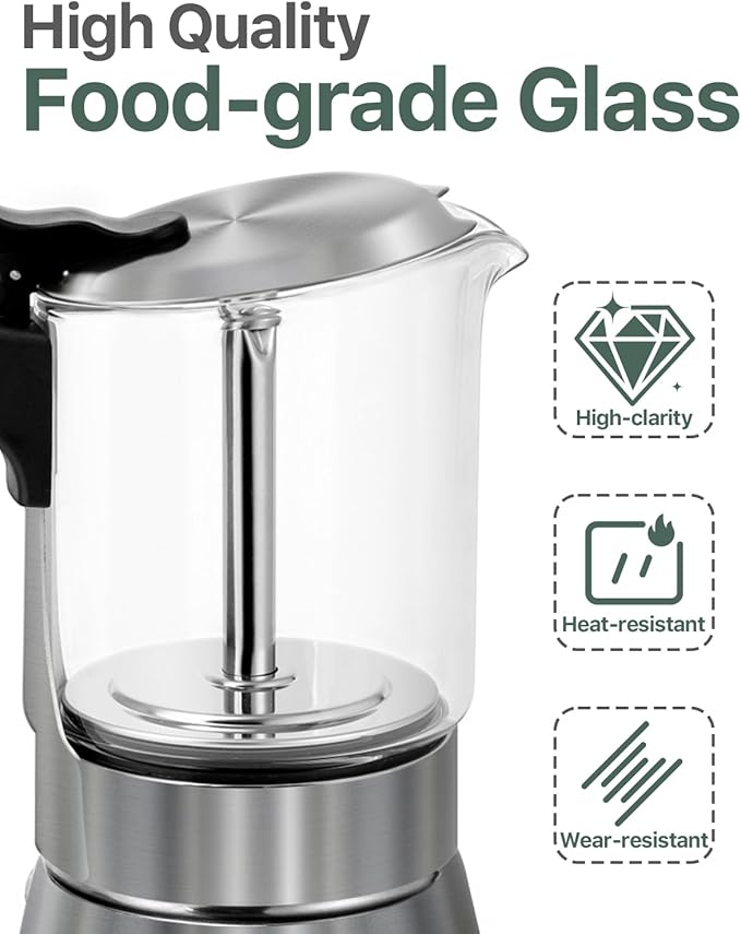 Grasseed Crystal Glass-Top Moka Pot, Brushed Stainless Steel Stovetop Espresso Maker for Italian Coffee - 9 Cup/360ml/12.6oz
