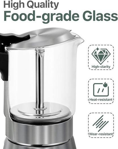 Grasseed Crystal Glass-Top Moka Pot, Brushed Stainless Steel Stovetop Espresso Maker for Italian Coffee - 9 Cup/360ml/12.6oz